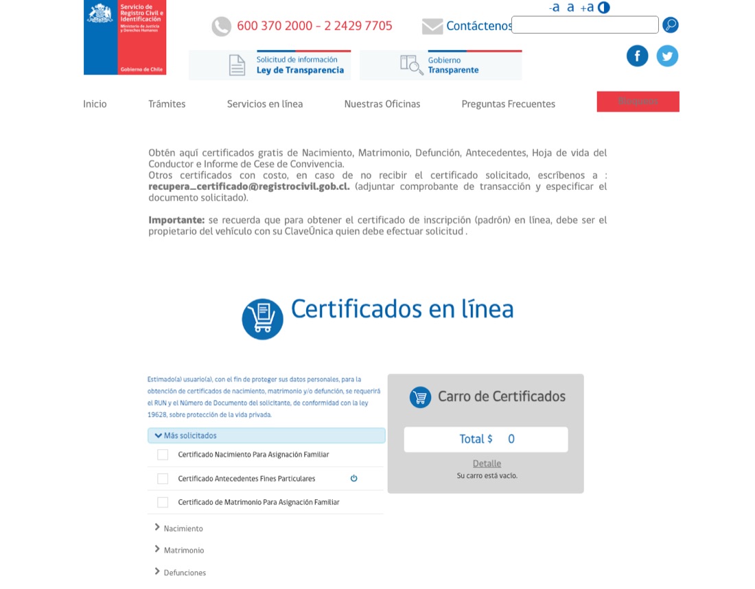 Carro de certificados del Registro Civil